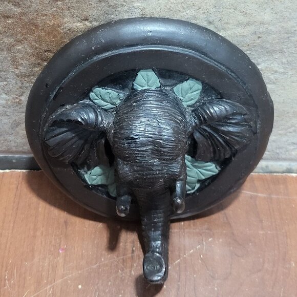 Ceramic Elephant Head Hanging Wall Hook Black Green Leaf Accents - Picture 3 of 10